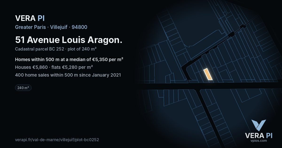 51 Avenue Louis Aragon, Villejuif at night – the plot lit, the parcels around coloured by the prices near them