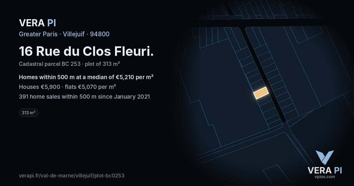 16 Rue du Clos Fleuri, Villejuif at night – the plot lit, the parcels around coloured by the prices near them