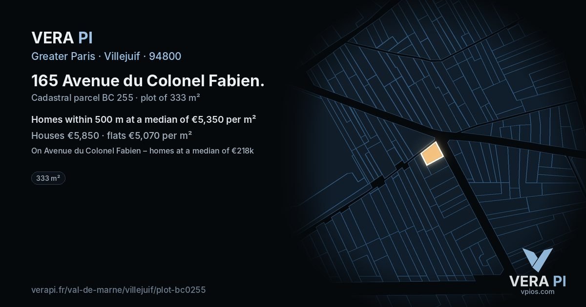 165 Avenue du Colonel Fabien, Villejuif at night – the plot lit, the parcels around coloured by the prices near them