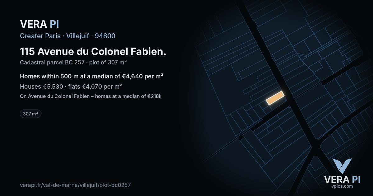 115 Avenue du Colonel Fabien, Villejuif at night – the plot lit, the parcels around coloured by the prices near them