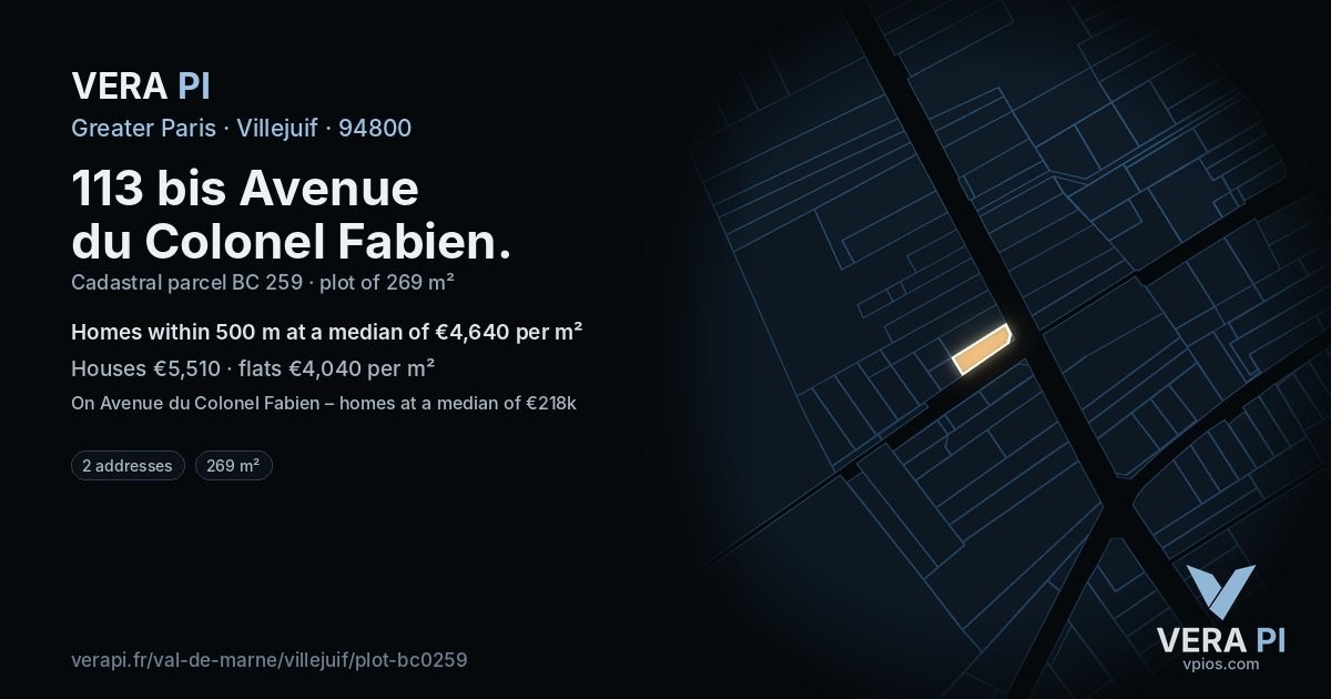 113 bis Avenue du Colonel Fabien, Villejuif at night – the plot lit, the parcels around coloured by the prices near them