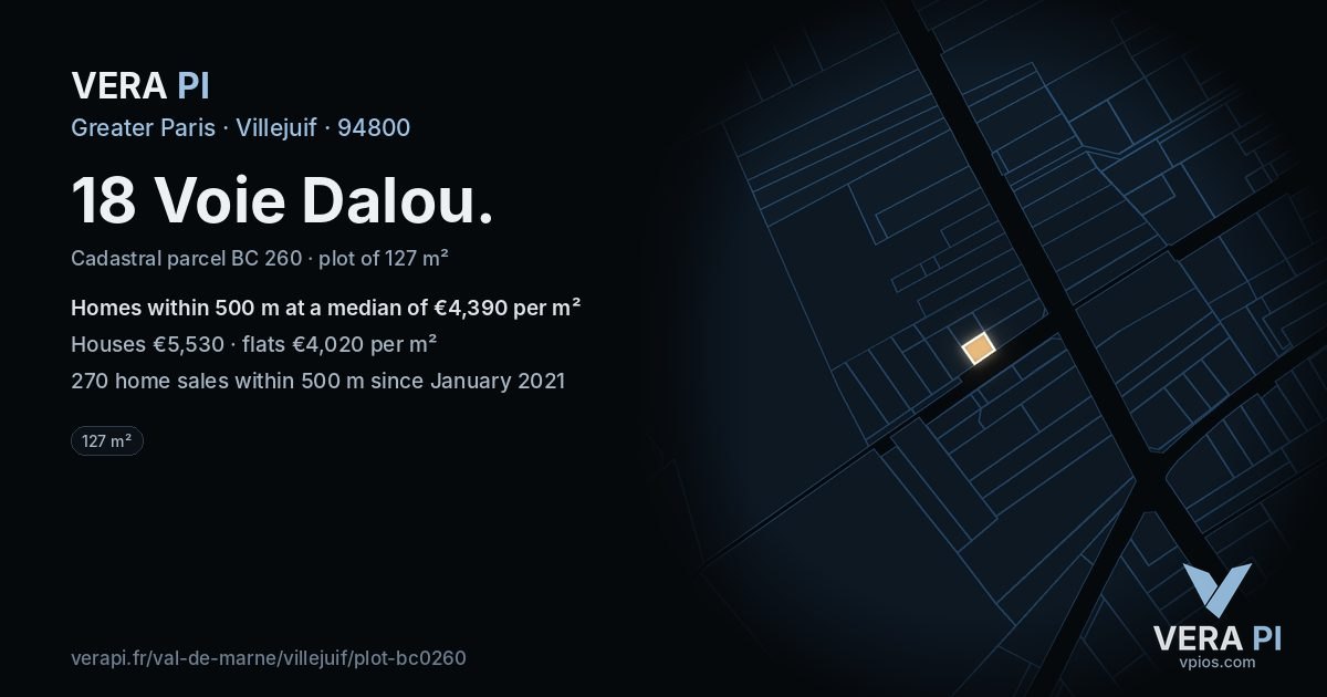 18 Voie Dalou, Villejuif at night – the plot lit, the parcels around coloured by the prices near them
