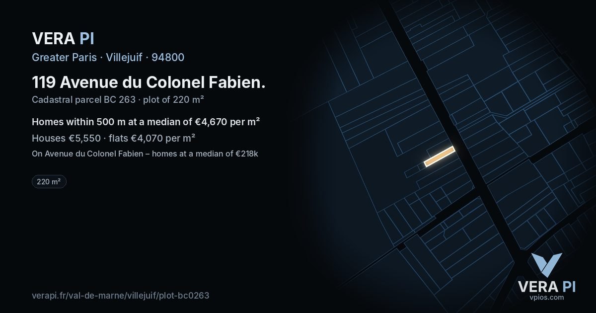 119 Avenue du Colonel Fabien, Villejuif at night – the plot lit, the parcels around coloured by the prices near them