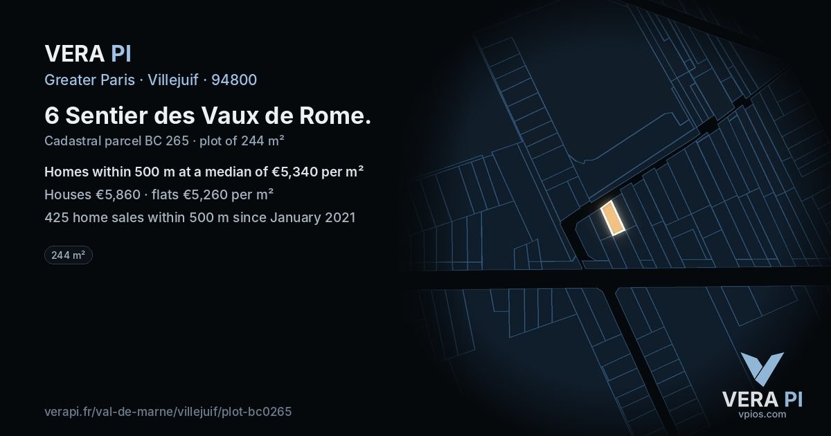 6 Sentier des Vaux de Rome, Villejuif at night – the plot lit, the parcels around coloured by the prices near them