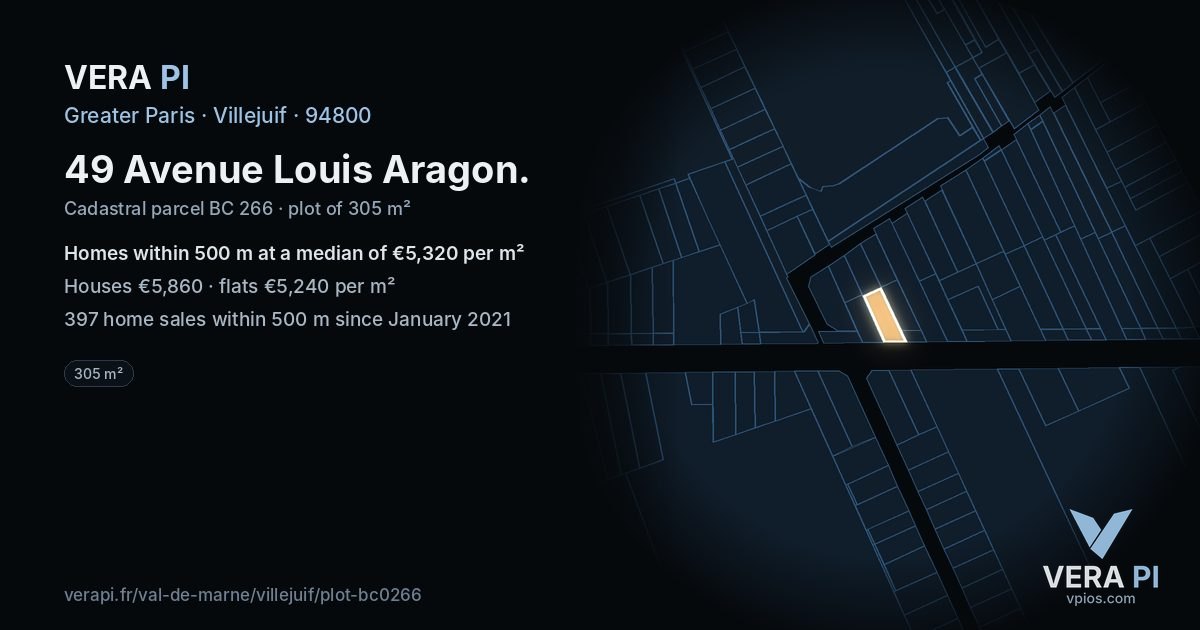 49 Avenue Louis Aragon, Villejuif at night – the plot lit, the parcels around coloured by the prices near them