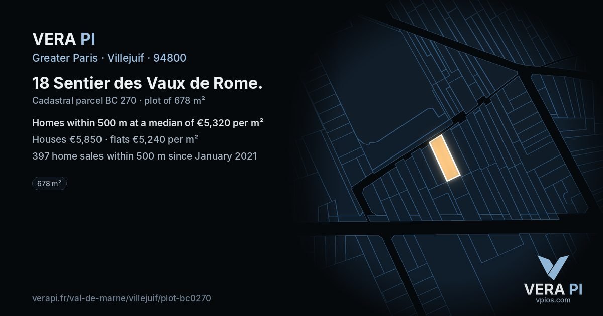 18 Sentier des Vaux de Rome, Villejuif at night – the plot lit, the parcels around coloured by the prices near them