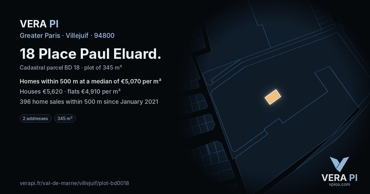 18 Place Paul Eluard, Villejuif at night – the plot lit, the parcels around coloured by the prices near them