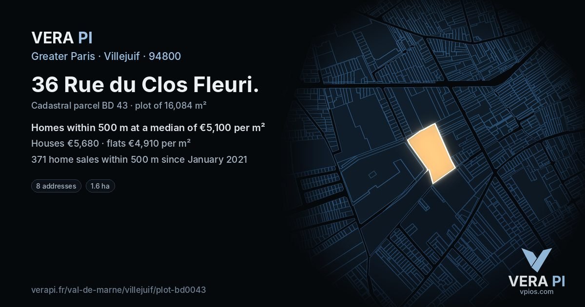 36 Rue du Clos Fleuri, Villejuif at night – the plot lit, the parcels around coloured by the prices near them