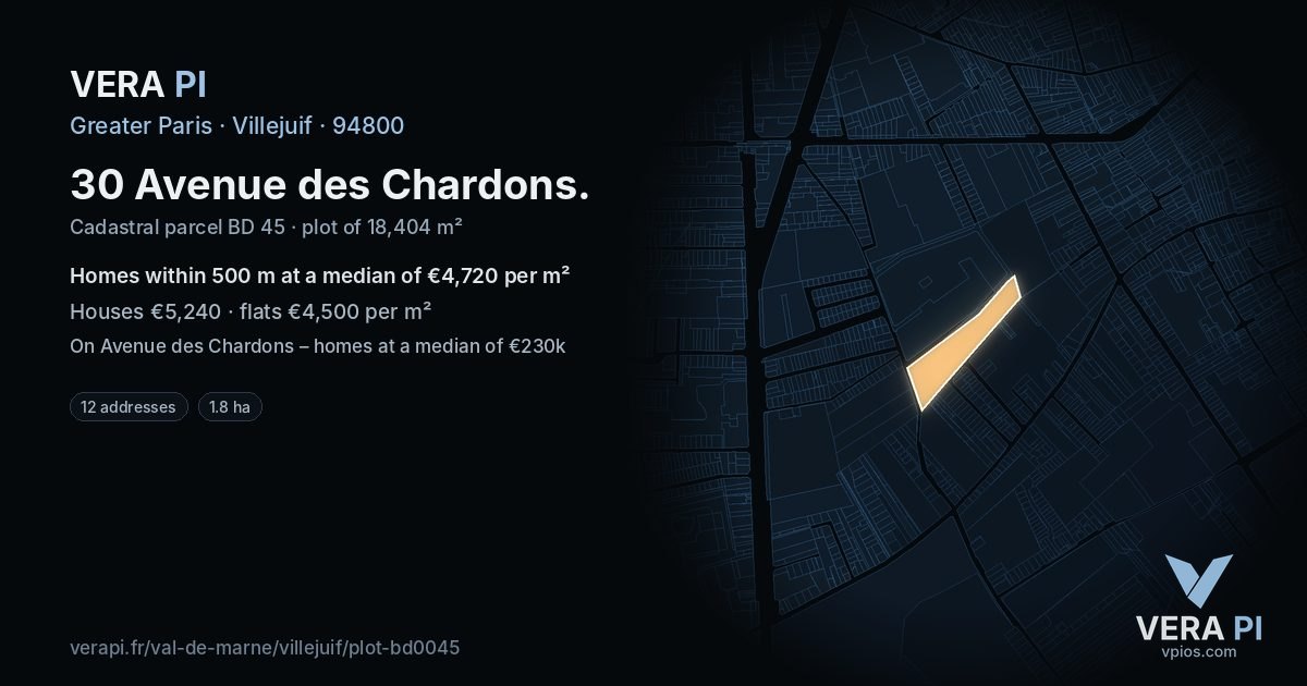 30 Avenue des Chardons, Villejuif at night – the plot lit, the parcels around coloured by the prices near them