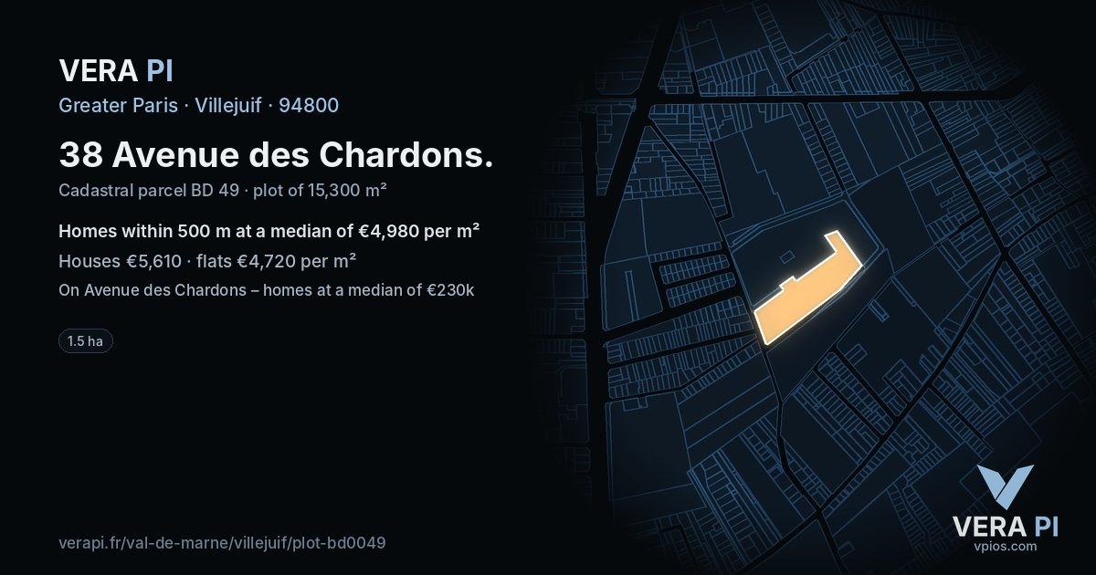 38 Avenue des Chardons, Villejuif at night – the plot lit, the parcels around coloured by the prices near them