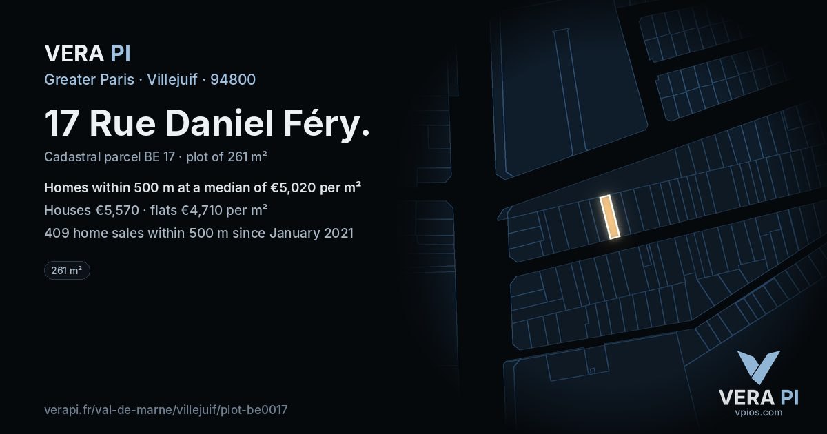 17 Rue Daniel Féry, Villejuif at night – the plot lit, the parcels around coloured by the prices near them