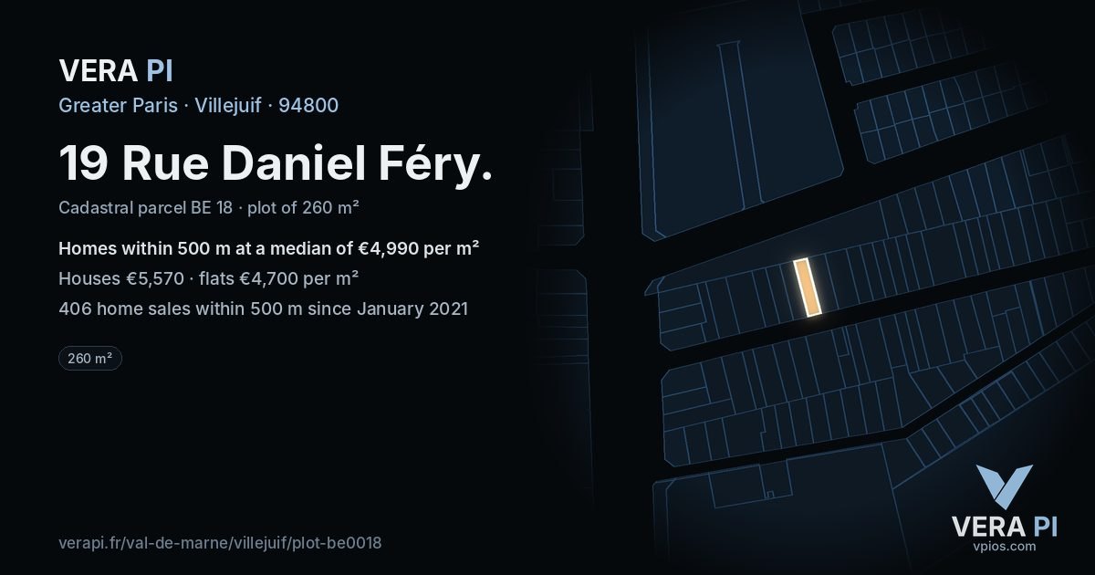19 Rue Daniel Féry, Villejuif at night – the plot lit, the parcels around coloured by the prices near them
