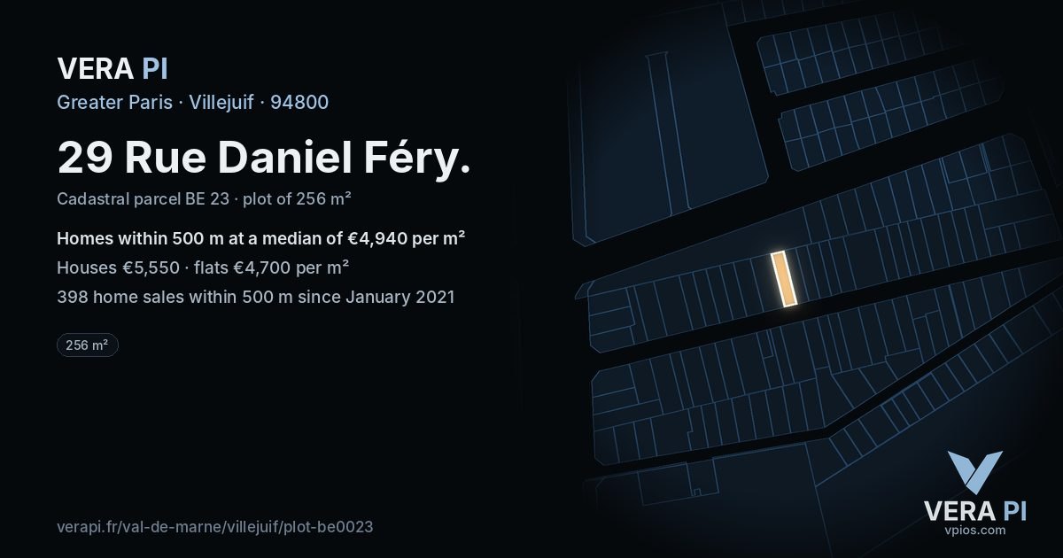 29 Rue Daniel Féry, Villejuif at night – the plot lit, the parcels around coloured by the prices near them