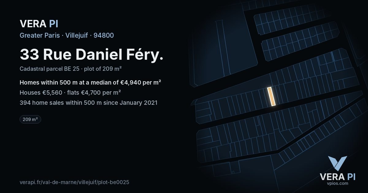 33 Rue Daniel Féry, Villejuif at night – the plot lit, the parcels around coloured by the prices near them
