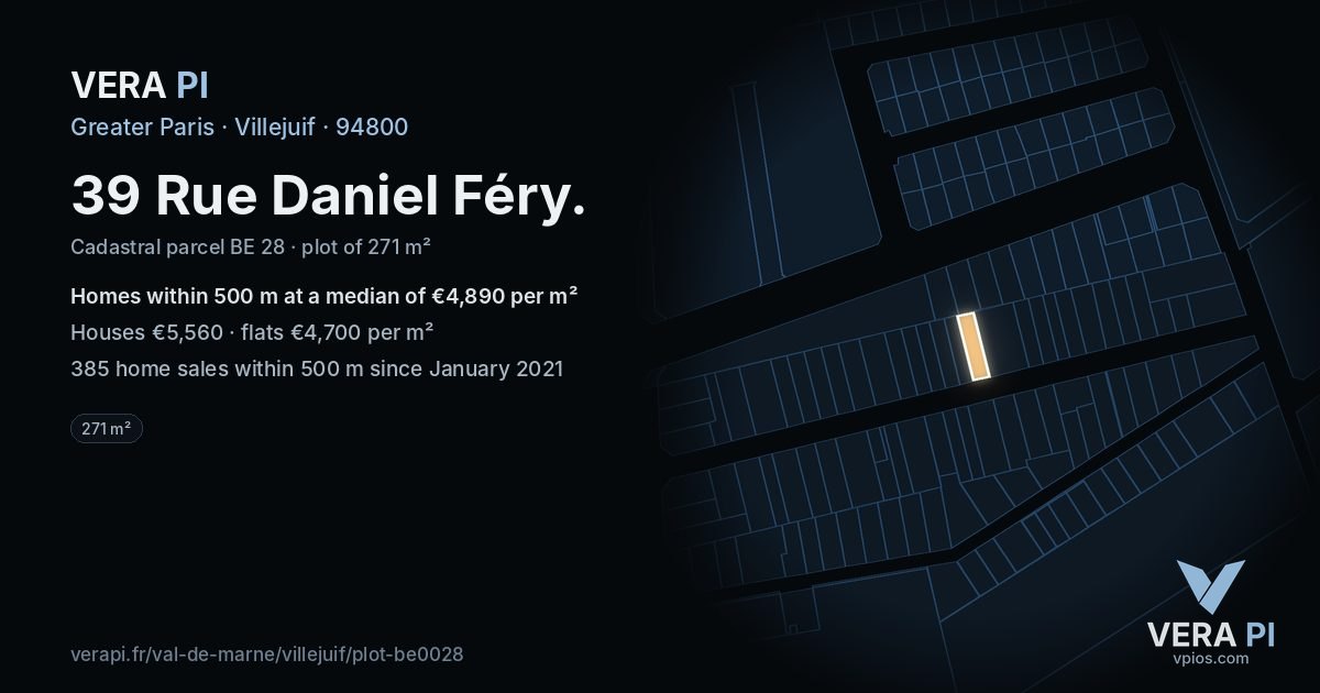 39 Rue Daniel Féry, Villejuif at night – the plot lit, the parcels around coloured by the prices near them
