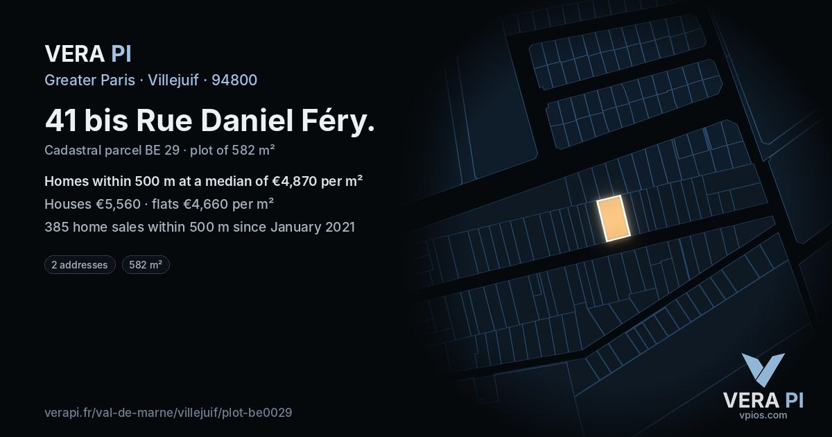 41 bis Rue Daniel Féry, Villejuif at night – the plot lit, the parcels around coloured by the prices near them