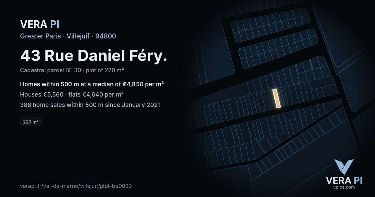 43 Rue Daniel Féry, Villejuif at night – the plot lit, the parcels around coloured by the prices near them