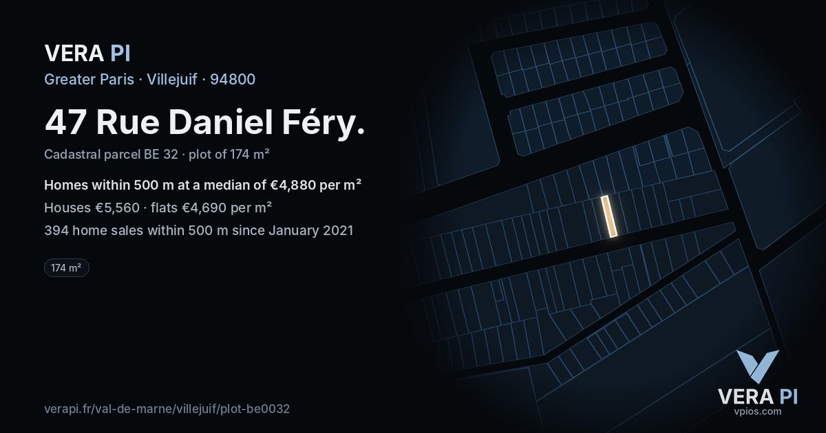 47 Rue Daniel Féry, Villejuif at night – the plot lit, the parcels around coloured by the prices near them