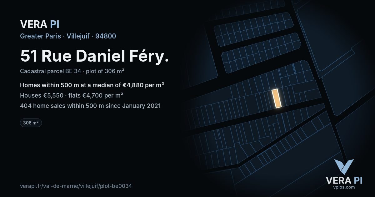 51 Rue Daniel Féry, Villejuif at night – the plot lit, the parcels around coloured by the prices near them
