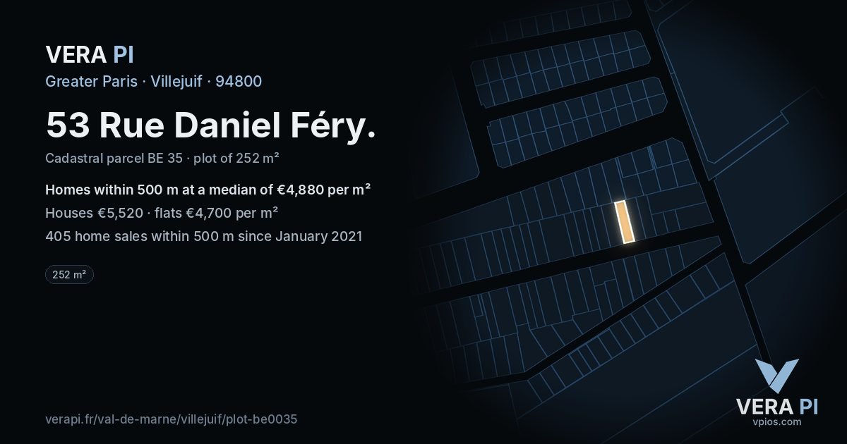 53 Rue Daniel Féry, Villejuif at night – the plot lit, the parcels around coloured by the prices near them