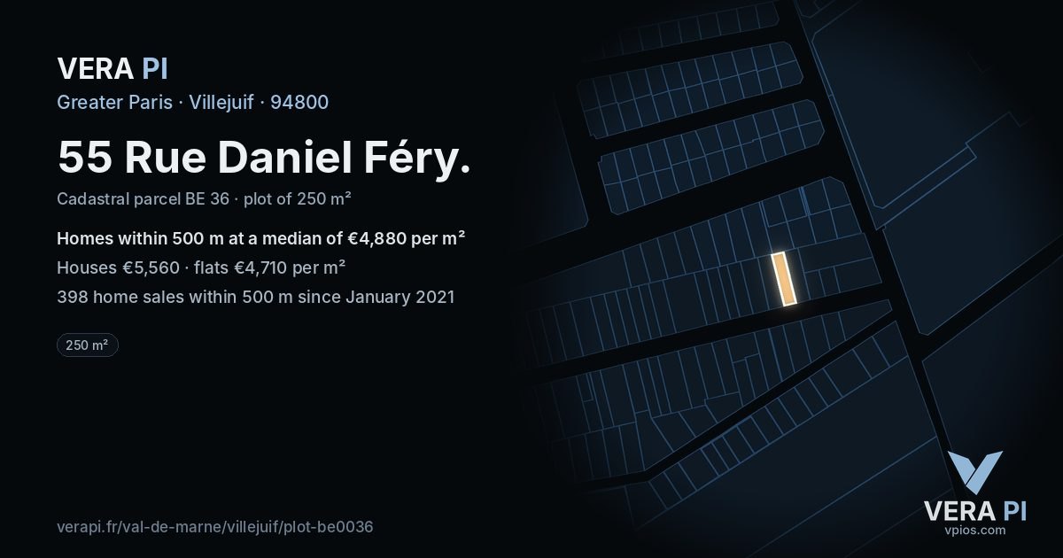 55 Rue Daniel Féry, Villejuif at night – the plot lit, the parcels around coloured by the prices near them