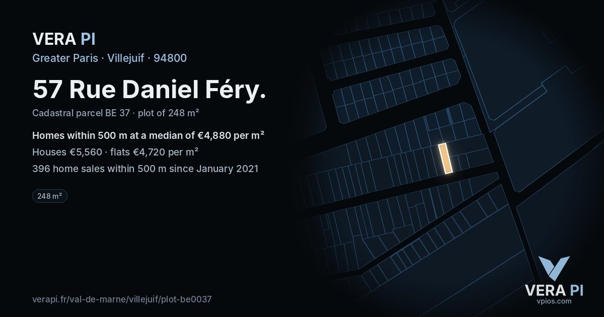 57 Rue Daniel Féry, Villejuif at night – the plot lit, the parcels around coloured by the prices near them