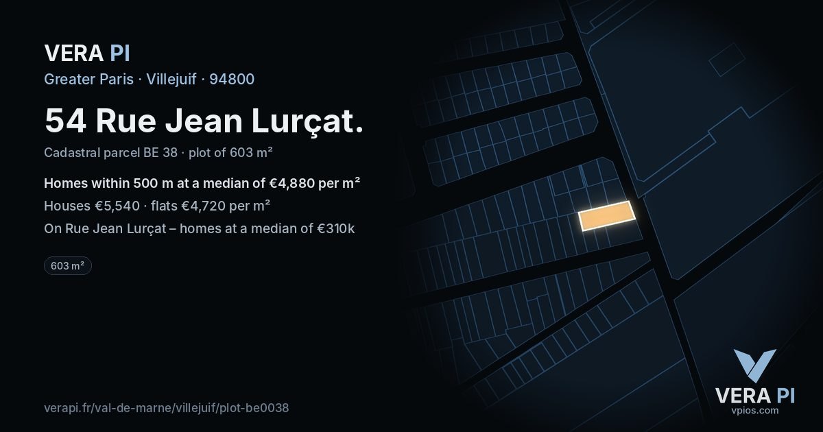 54 Rue Jean Lurçat, Villejuif at night – the plot lit, the parcels around coloured by the prices near them