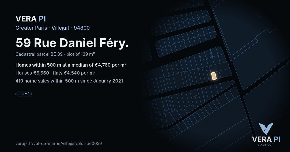 59 Rue Daniel Féry, Villejuif at night – the plot lit, the parcels around coloured by the prices near them