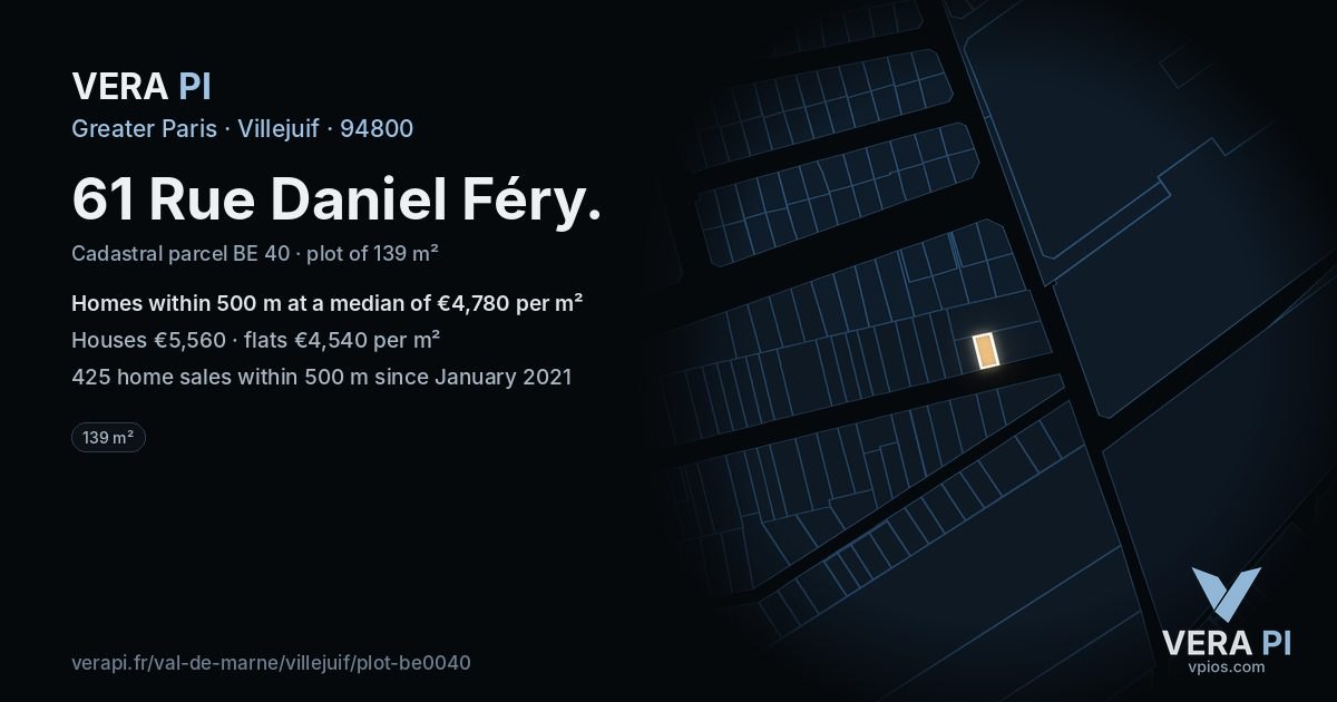 61 Rue Daniel Féry, Villejuif at night – the plot lit, the parcels around coloured by the prices near them