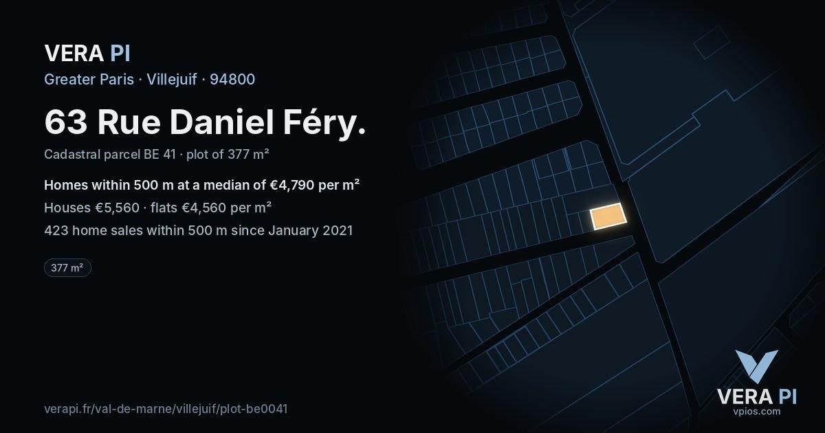 63 Rue Daniel Féry, Villejuif at night – the plot lit, the parcels around coloured by the prices near them
