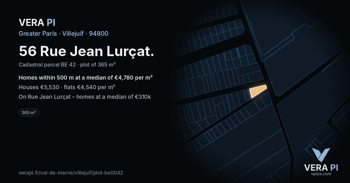 56 Rue Jean Lurçat, Villejuif at night – the plot lit, the parcels around coloured by the prices near them
