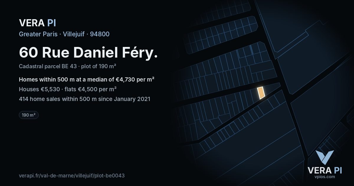 60 Rue Daniel Féry, Villejuif at night – the plot lit, the parcels around coloured by the prices near them