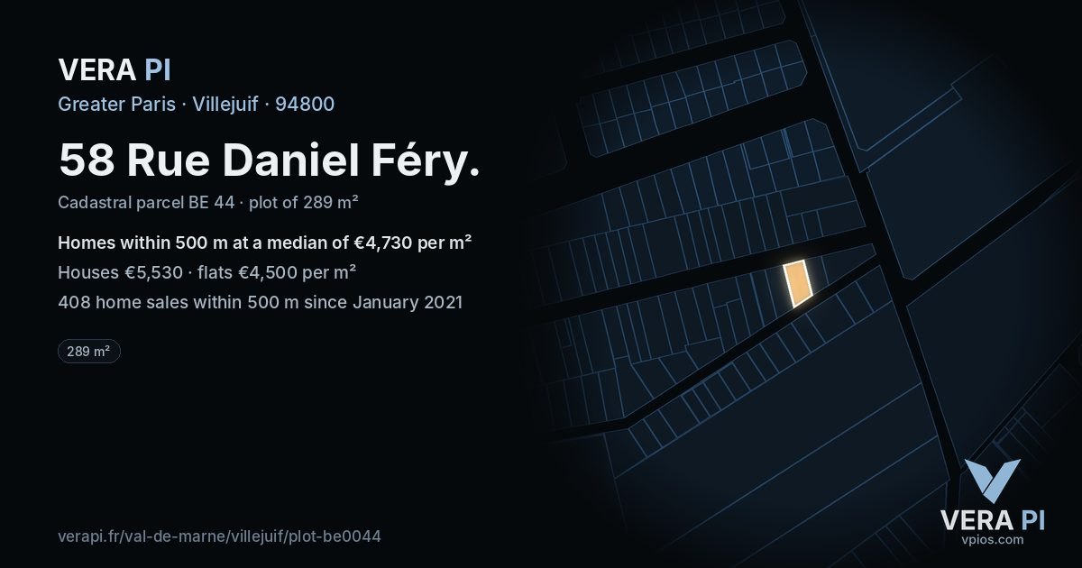 58 Rue Daniel Féry, Villejuif at night – the plot lit, the parcels around coloured by the prices near them
