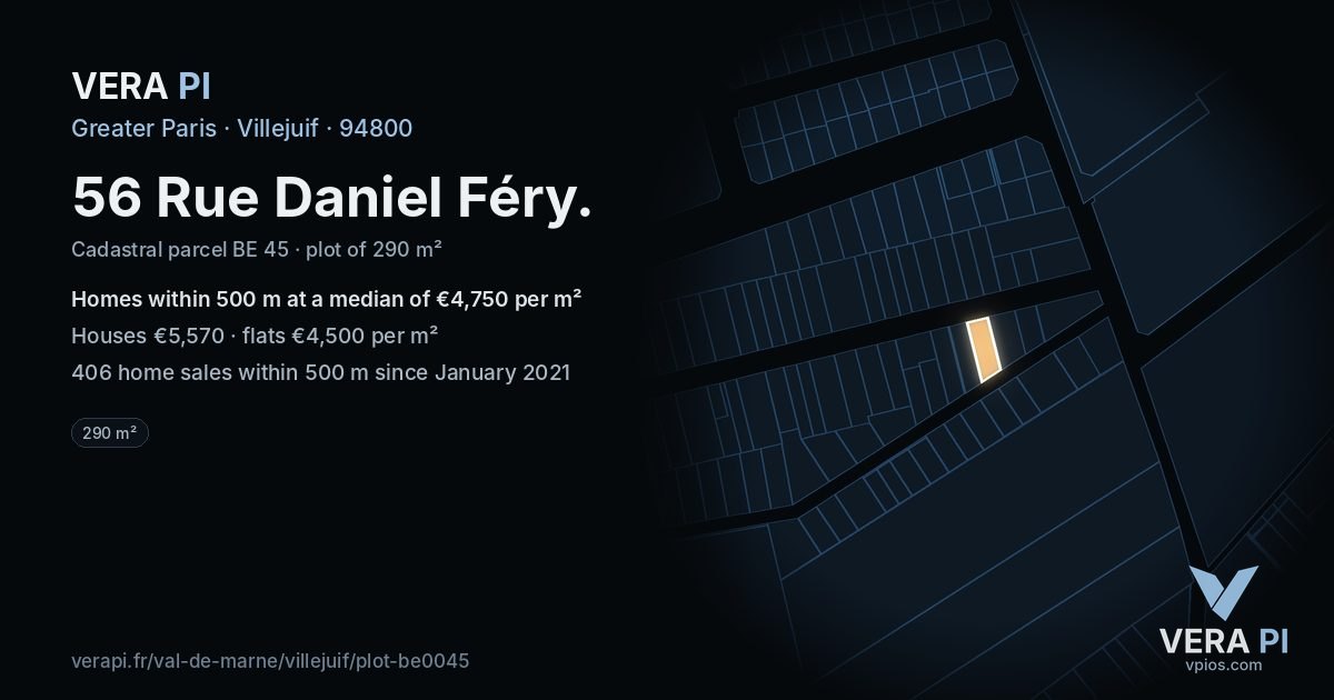 56 Rue Daniel Féry, Villejuif at night – the plot lit, the parcels around coloured by the prices near them