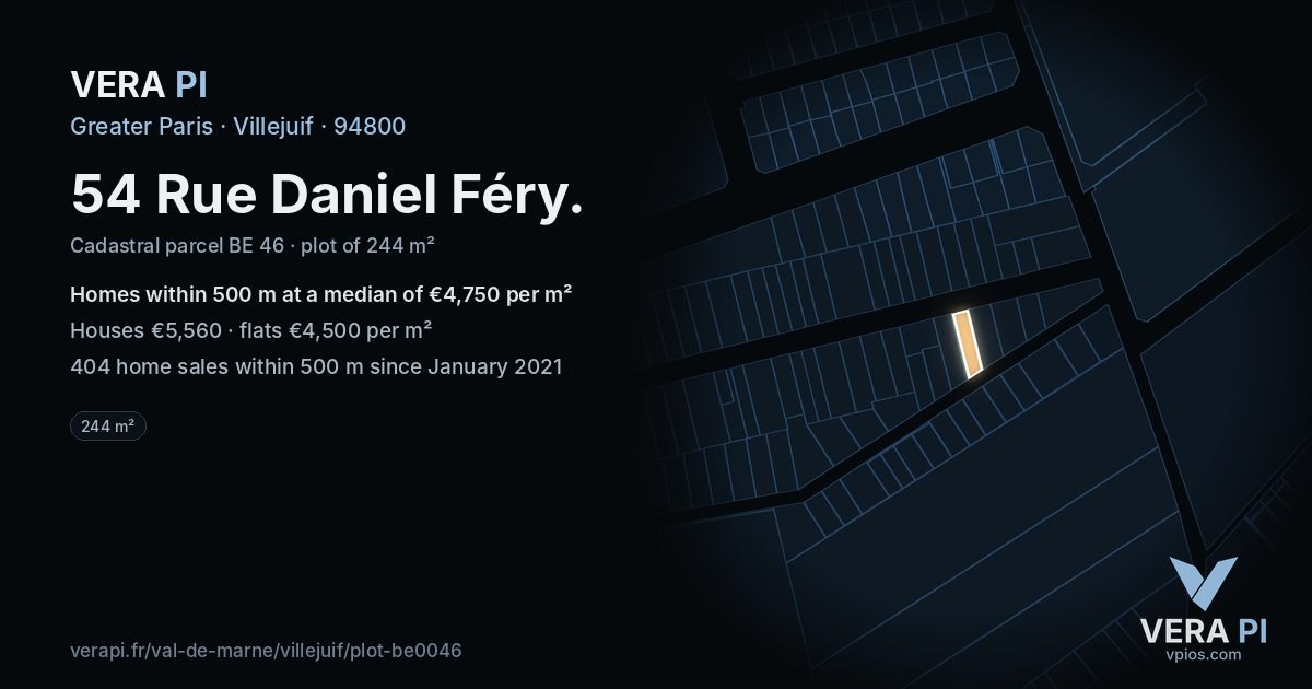 54 Rue Daniel Féry, Villejuif at night – the plot lit, the parcels around coloured by the prices near them