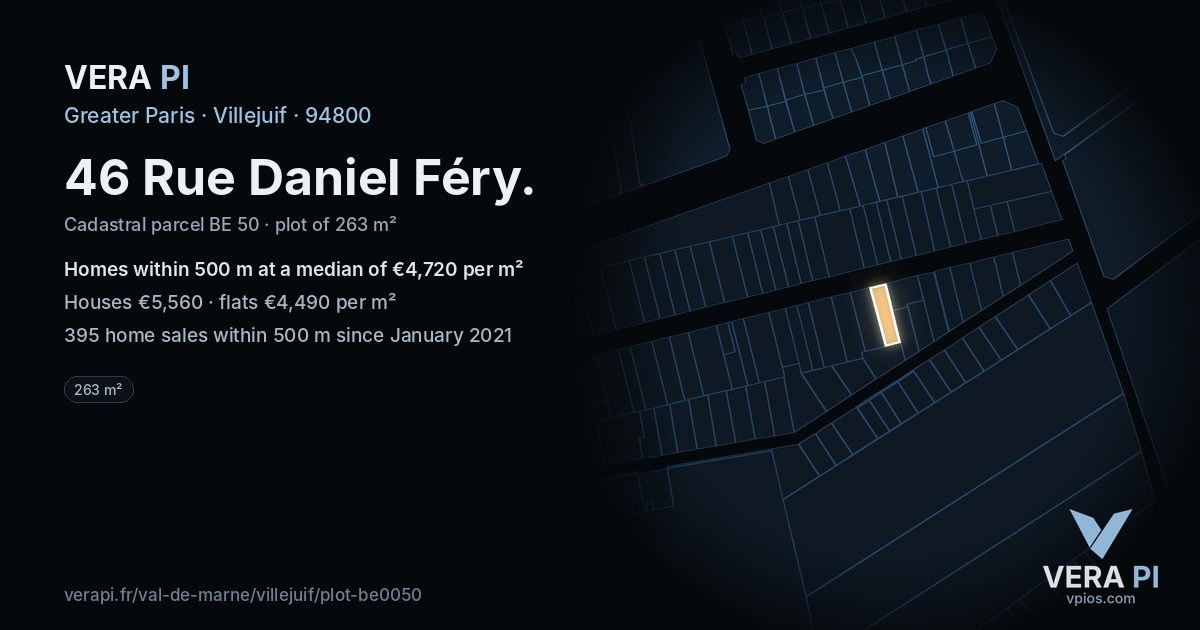 46 Rue Daniel Féry, Villejuif at night – the plot lit, the parcels around coloured by the prices near them