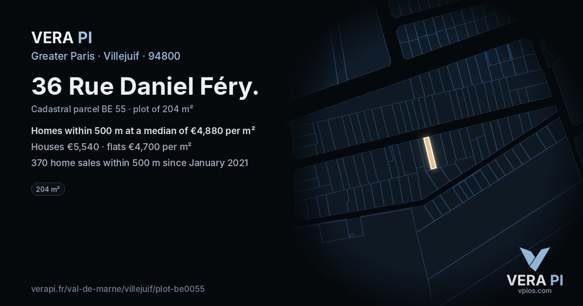 36 Rue Daniel Féry, Villejuif at night – the plot lit, the parcels around coloured by the prices near them