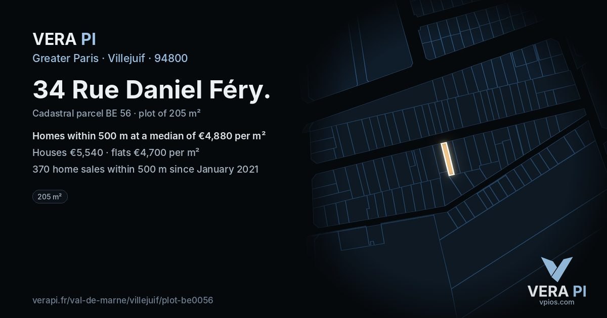 34 Rue Daniel Féry, Villejuif at night – the plot lit, the parcels around coloured by the prices near them