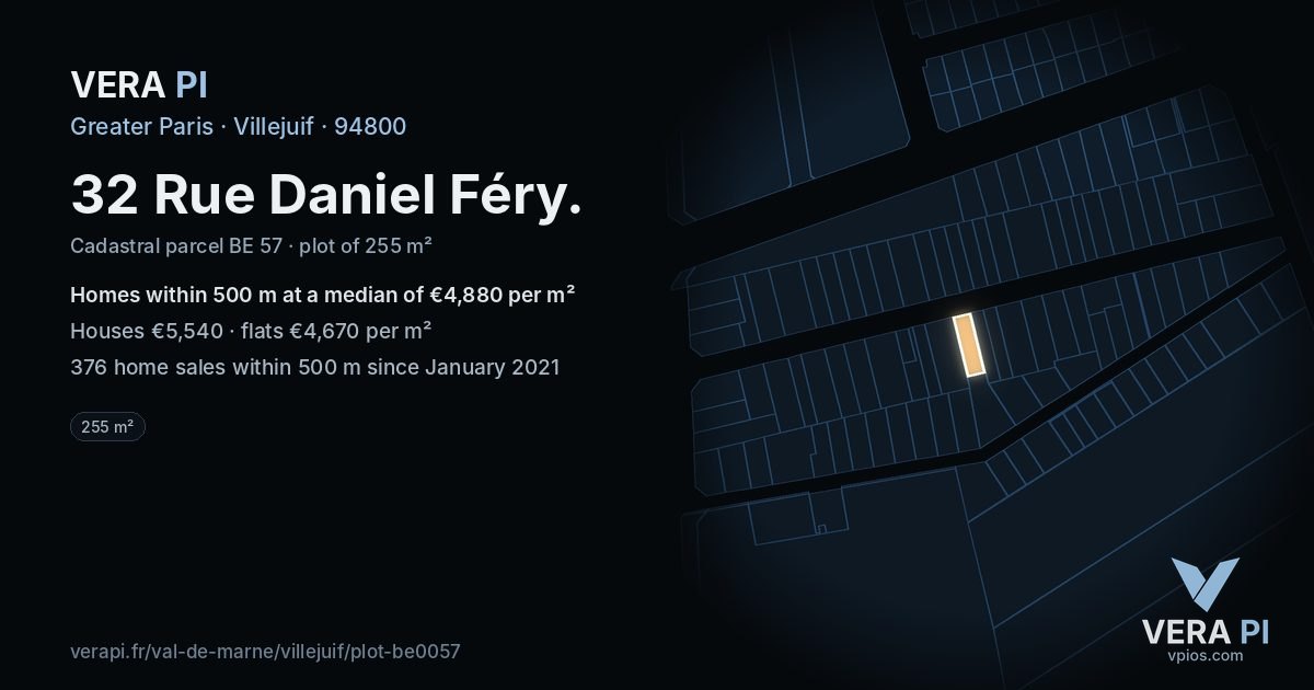 32 Rue Daniel Féry, Villejuif at night – the plot lit, the parcels around coloured by the prices near them