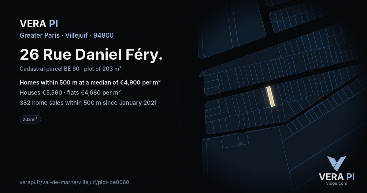 26 Rue Daniel Féry, Villejuif at night – the plot lit, the parcels around coloured by the prices near them