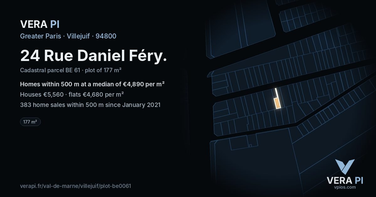 24 Rue Daniel Féry, Villejuif at night – the plot lit, the parcels around coloured by the prices near them