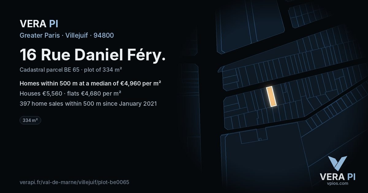 16 Rue Daniel Féry, Villejuif at night – the plot lit, the parcels around coloured by the prices near them