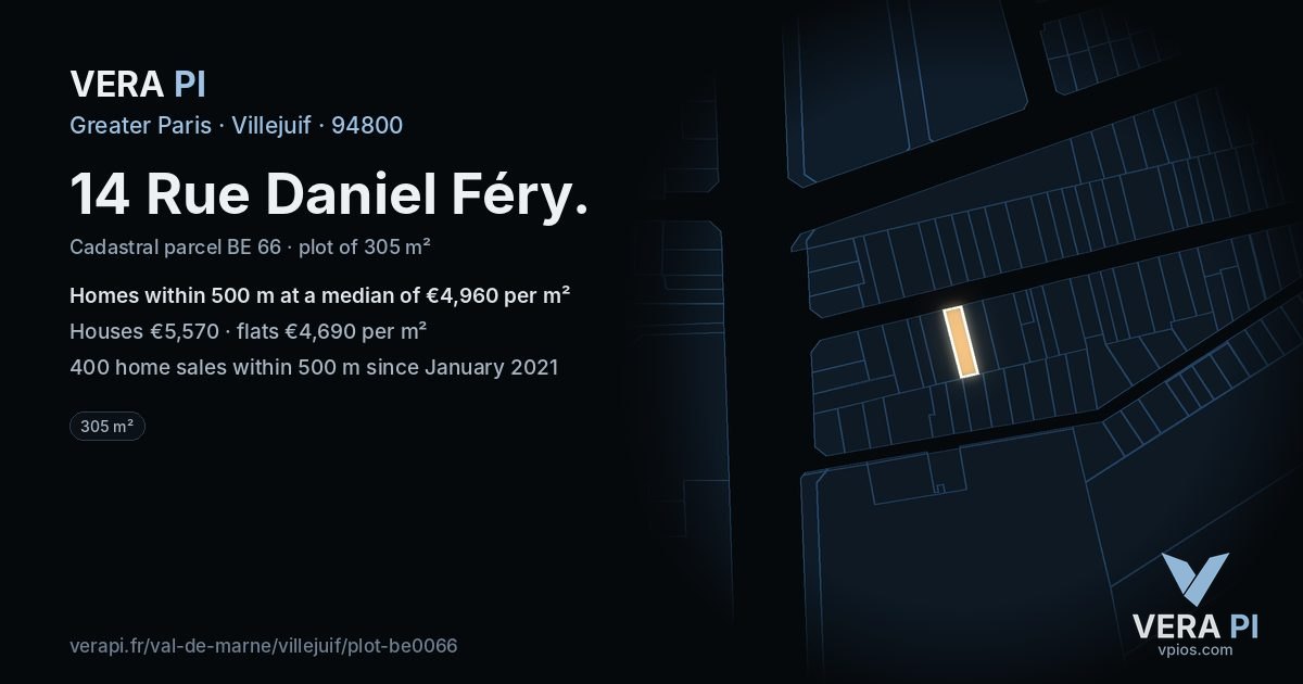 14 Rue Daniel Féry, Villejuif at night – the plot lit, the parcels around coloured by the prices near them