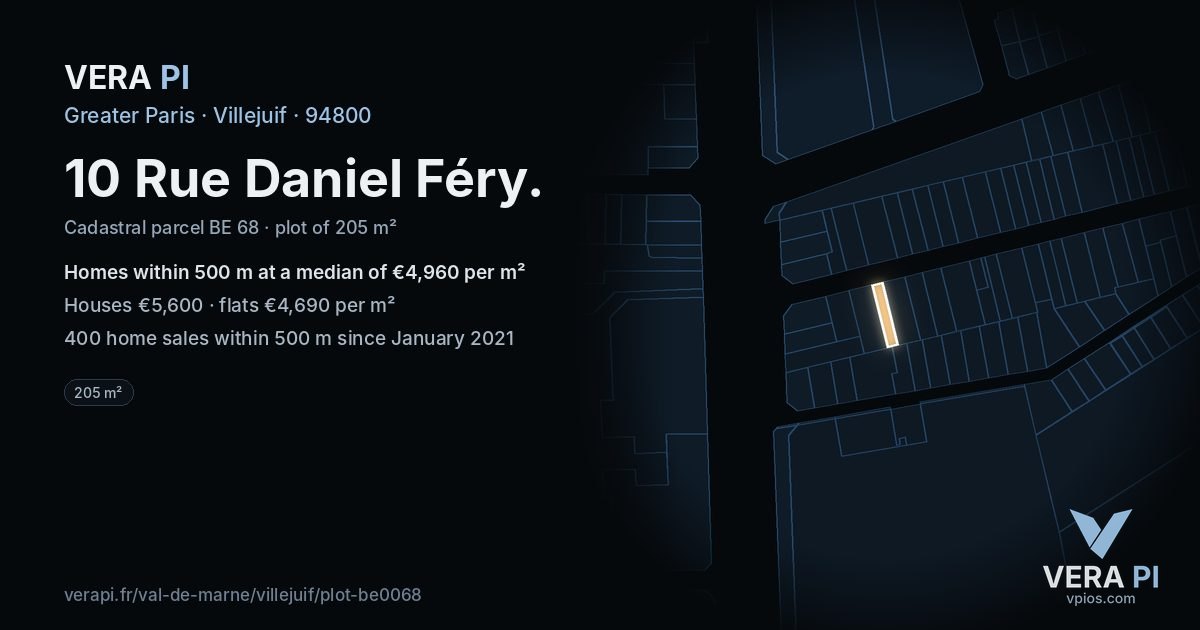 10 Rue Daniel Féry, Villejuif at night – the plot lit, the parcels around coloured by the prices near them