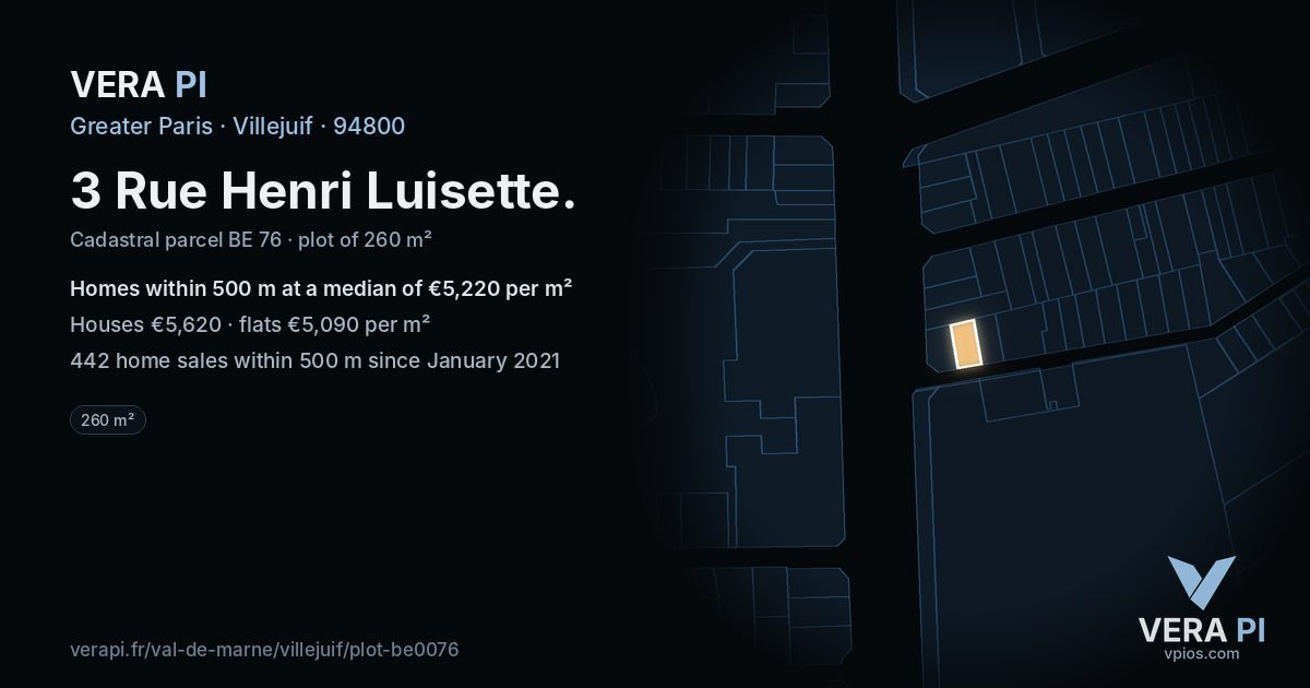 3 Rue Henri Luisette, Villejuif at night – the plot lit, the parcels around coloured by the prices near them