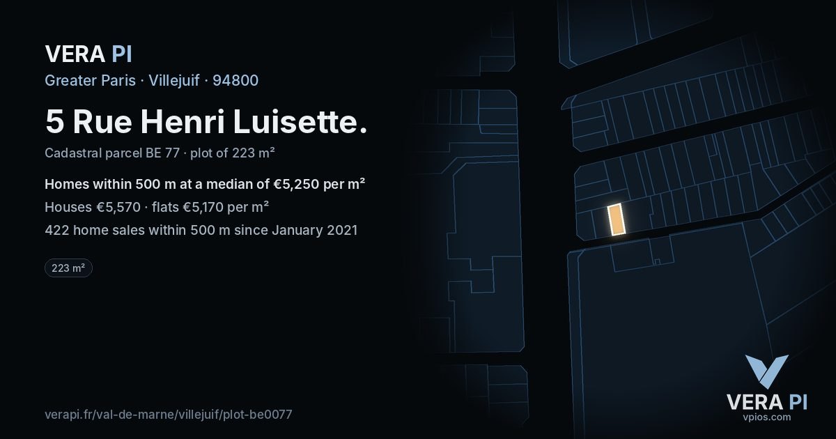 5 Rue Henri Luisette, Villejuif at night – the plot lit, the parcels around coloured by the prices near them