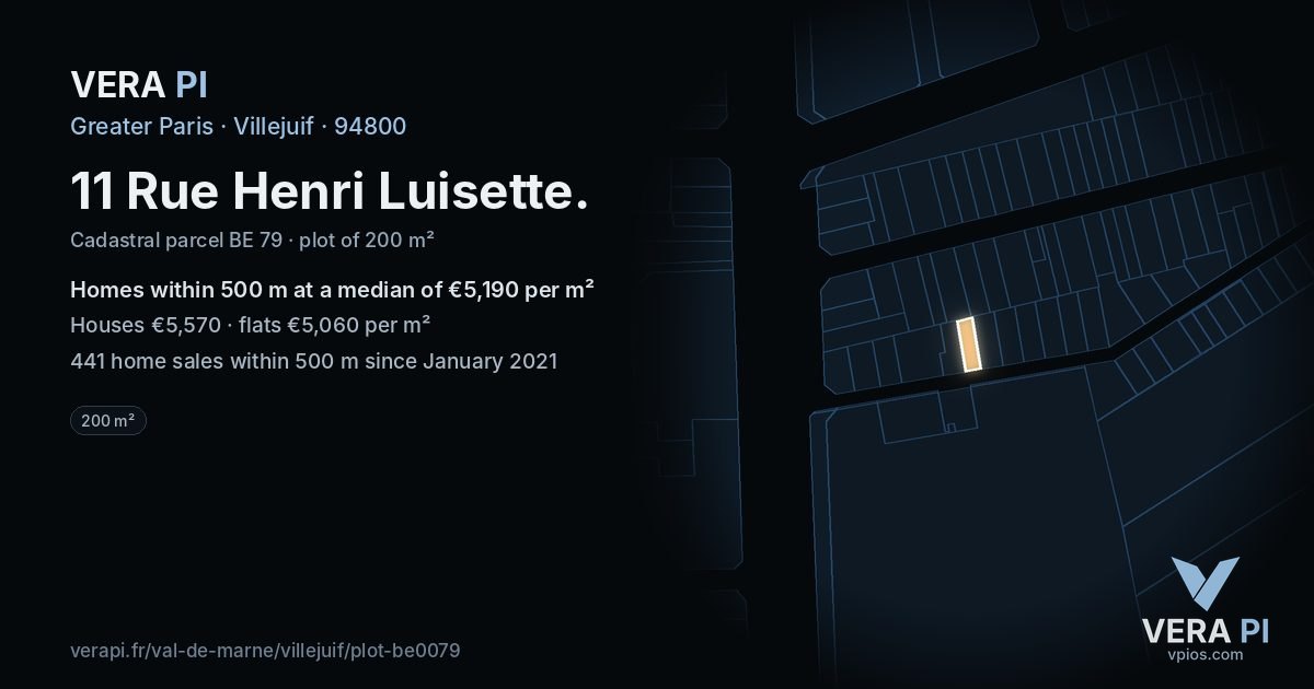 11 Rue Henri Luisette, Villejuif at night – the plot lit, the parcels around coloured by the prices near them