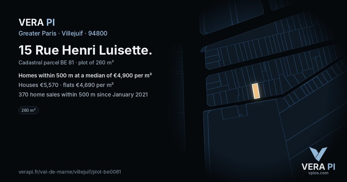 15 Rue Henri Luisette, Villejuif at night – the plot lit, the parcels around coloured by the prices near them