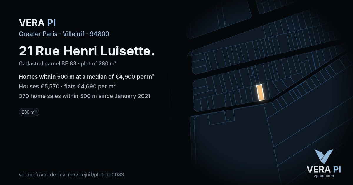 21 Rue Henri Luisette, Villejuif at night – the plot lit, the parcels around coloured by the prices near them
