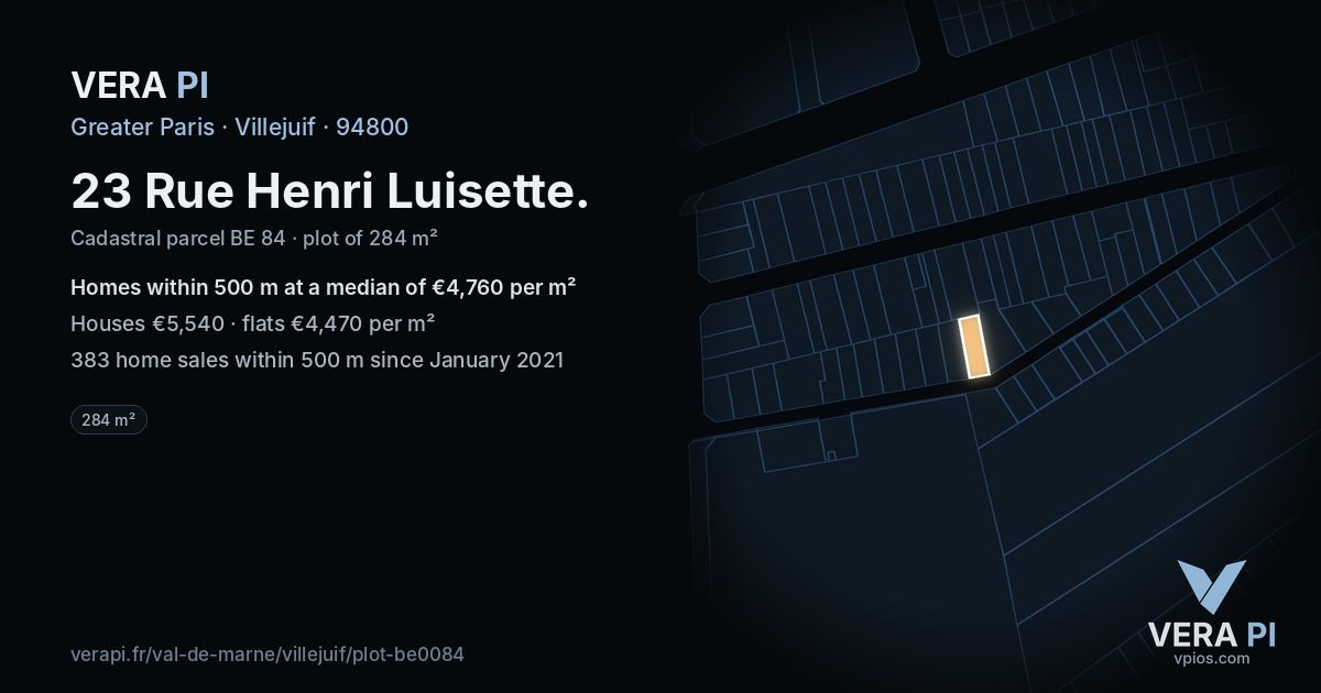 23 Rue Henri Luisette, Villejuif at night – the plot lit, the parcels around coloured by the prices near them